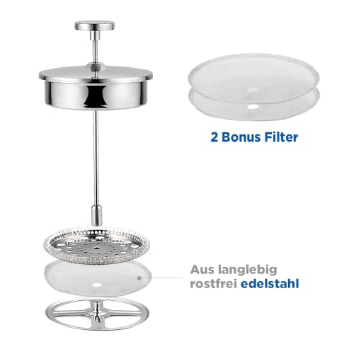 ecooe 1.5L French Press Kaffee Doppelwandiger Kaffeebereiter aus 18/10 Rostenfrei Edelstahl mit 3 Filtern Silber 1500ml 4