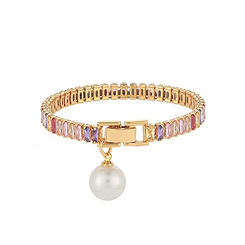 Pearl Tennis Bracelets for Women 18K Gold Plated Crystal Rainbow Baguette Bracelets Colorful Gemstone Bracelet
