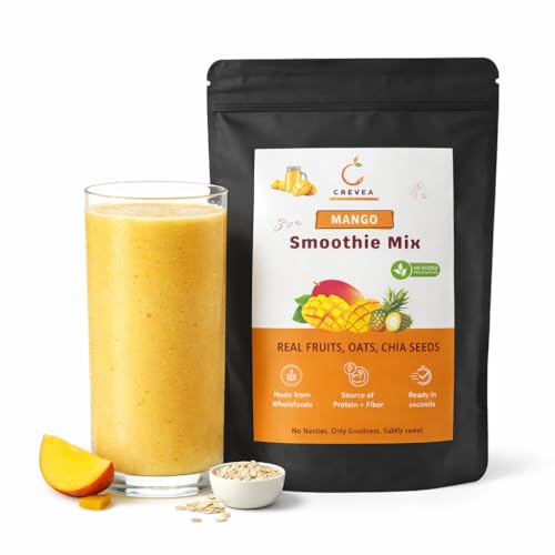 Image of Crevea Mango Smoothie Mix: 7-8 Serves | Natural Fruit Powder, Oats, Chia Seeds | Added Protein & Fiber | No Preservatives | No Refined Sugar - Healthy Drink | Instant Smoothie Maker - 210g