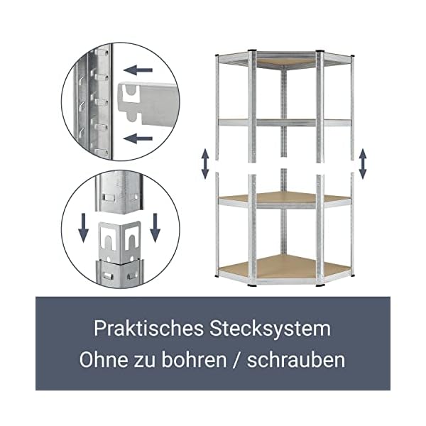 Juskys Eckregal Lageregal Corner Easy 160 x 75 x 40-75 cm | 320 kg | 4 Böden aus MDF Holz | Metall verzinkt… – Bild 7