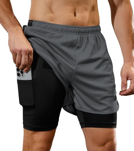 SILKWORLD 2-3 Pack Men's 2 in 1 Running Shorts Quick Dry Athletic Grym Workout Compression Shorts with Zipper Pockets2