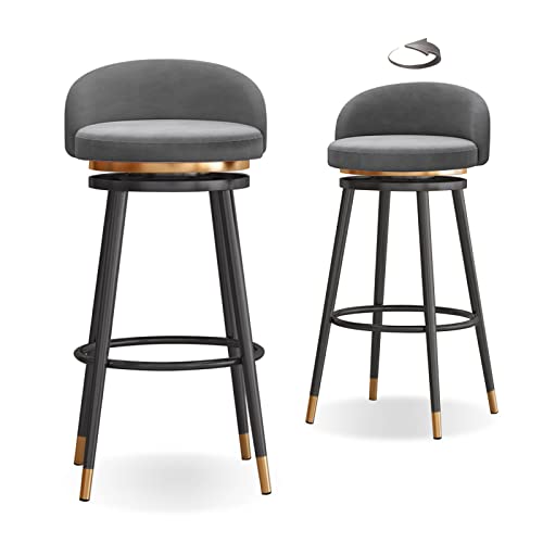 Knjlwa 2er Set Barstuhl, 360° drehbar Barhocker, Tresenhocker Bistrohocker Hocker mit Lehne und Fußstütze aus Samt Küchenstuhl mit Schwarz Metallgestell sitzhöhe 65 cm Grey Sitz