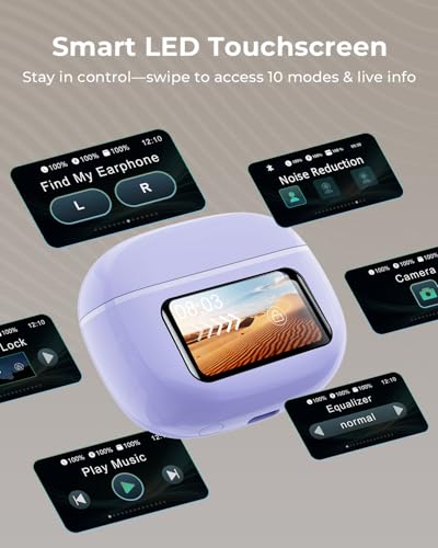 Image of Wireless Earbuds with Smart Touchscreen Case, Bluetooth 6.0 Ear Buds with AI Noise Cancelling Calls, 40H Playtime Stereo Headphones, IPX7 Waterproof Earbuds for Workout, Travel, iPhone,Android,Purple