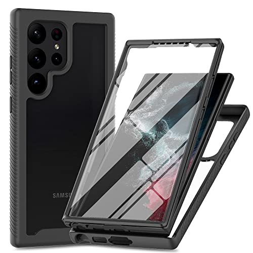 Eilkmcre for Samsung Galaxy S23 Ultra 5G Case, Samsung S23 Ultra Phone Case with Built-in Screen Protector Clear Slim Back Cover Shockproof Rugged Heavy Duty Bumper Full Protective Case, Black