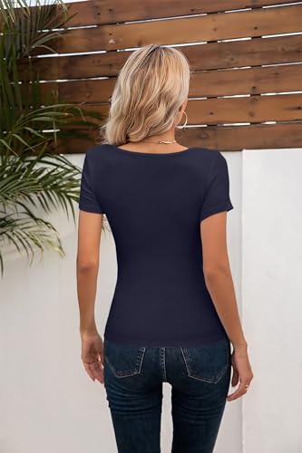 VICHYIE Summer Women's Scoop Neck Short Sleeve Shirts Ribbed Slim Fitted Casual Basic Top Blouses - Image 4