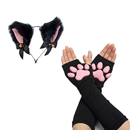 SIROLISA Costume mignon de patte de chat, cosplay kawaii doux 3D orteils haricots sans doigts pattes de chat pour femme (gants longs noirs + oreilles)