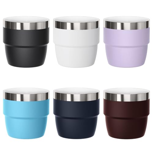 4 oz Small Espresso Cup, Ceramic-Lined 18/8 Stainless Steel, Double-Wall Vacuum Insulated, Stackable, Dishwasher Safe, Fits Most Espresso Machines, 6 Pack, Black/White/Lilac/Wine Red/Navy/Bl