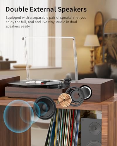 Image of Record Player with Two External Speakers Belt-Drive Turntable for Vinyl Records Dual Stereo Speakers Vintage LP Players Support 3 Speed Wireless Playback AUX Headphone Input Auto Stop Wood Brown