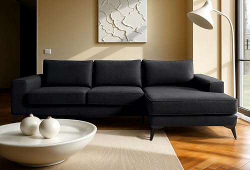Abakus Direct | Venice Corner Sofa – Modern L-Shaped Sofa with Basket Weave Fabric, Scatter Back Cushions, Left or Right Hand Facing – Available in 9 Colours (Black, Right Hand Facing)