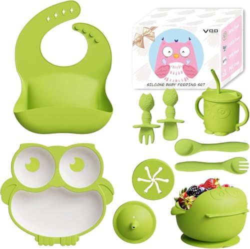 Image of 13Pcs Silicone Baby Feeding Set - Baby Spoon, Baby Bowls, Baby Plates with Suction, Baby Bib, Toddler Cups with Replaceable Lids (Green)