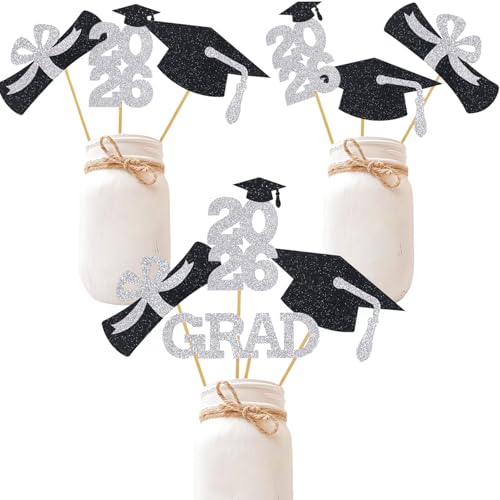 Silver Grad Centerpiece Sticks Class of Party Decor Black Cap Toppers Graduation Arrangement Supplies 16 Pieces