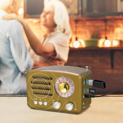 Image of PRUNUS J-160 Small Retro Vintage Radio with Bluetooth Speaker, Portable Transistor AM FM SW, Rechargeable Battery Operated, Support TF Card AUX USB MP3 Player(Gold)