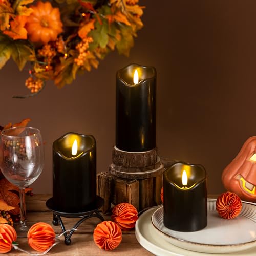 Image of LUSHARBOR Halloween Flameless Candles with Remote, 3 Pack Battery Operated Wax LED Flickering Candles Halloween Home Party Decor for Fireplace /Shelf /Centerpiece Black