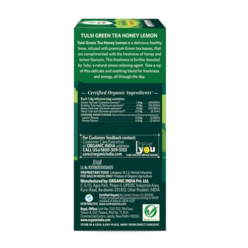 Image of ORGANIC INDIA Tulsi Green Tea Honey Lemon - 25 Tea Bags, Refreshing Blend with Tulsi, Green Tea, Lemon & Honey Flavors, Naturally Sourced Ingredients, Staple-Free Bags Certified Organic (Pack of 2)