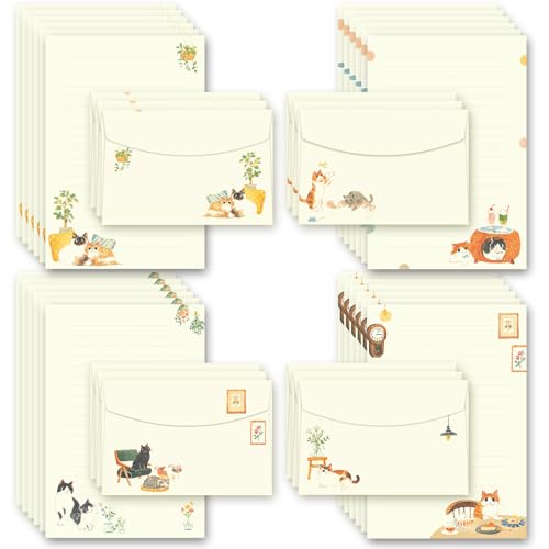 72 Pieces Cute Cat Writing Paper and Envelopes, 8.3x5.6 Inch Stationery Set, 48 Lined Sheets & 24...