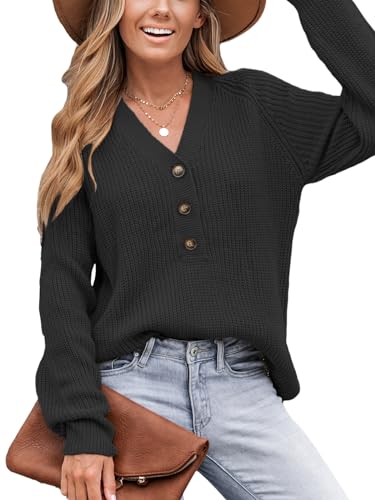 Image of CUPSHE Women V Neck Sweater Tops Long Sleeve Button Front Pullover Sweaters Casual Shirts