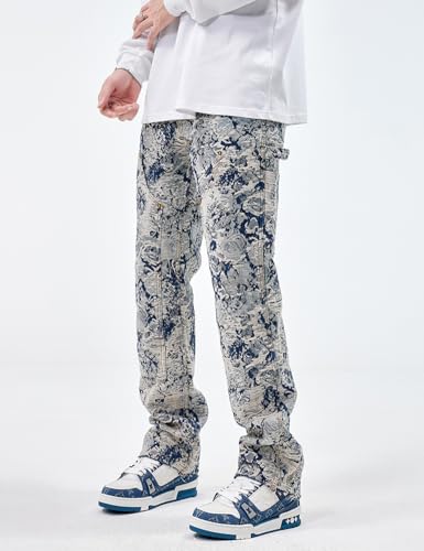 Men Jacquard Weave Distressed Ripped Denim Jeans4