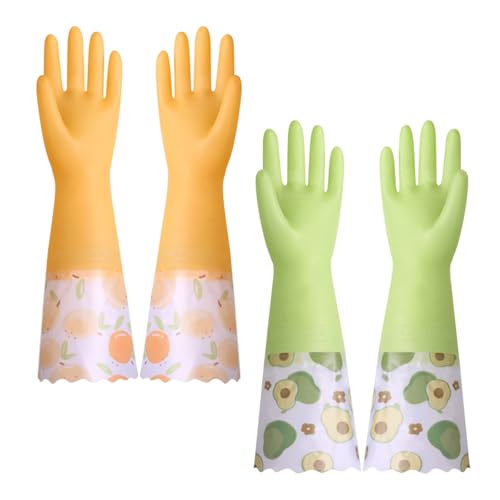 SHAIDOJIO 2 Pairs Rubber Latex Washing up Gloves, Non-Slip Long Cuff Cleaning Gloves, Kitchen Dishwashing Gloves with Lining-38cm, Waterproof Household Glove for Kitchen Bathroom Laundry-Orange+Green