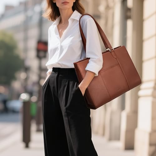 Image of befen Genuine Leather Work Tote Bag for Women, Women's 15.6 Inch Work Bags Totes Purse Shoulder Purses Handbags Cognac Brown