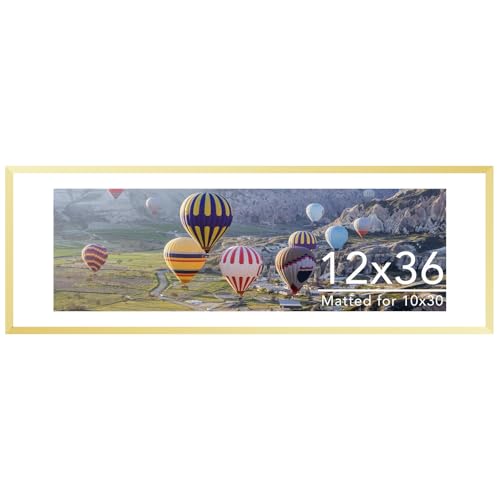 Image of JCJMY 12x36 Picture Frame with 10x30 Mat, Display Photo 10x30 with Mat or 12 x 36 Without Mat, Wall Hanging Large 12 by 36 Poster Frame with Plexiglass, Gold