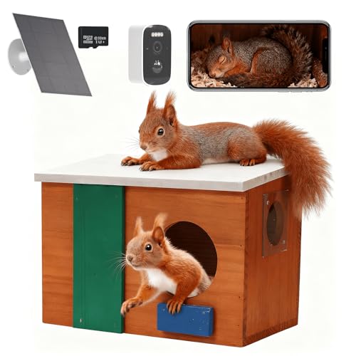 Squirrel House with with Camera Solar Powered- Squirrel Houses for Outside Nesting Squirrel Nesting Box Squirrel Boxes for Outside for Garden for 2.4g WiFi Coverage Area