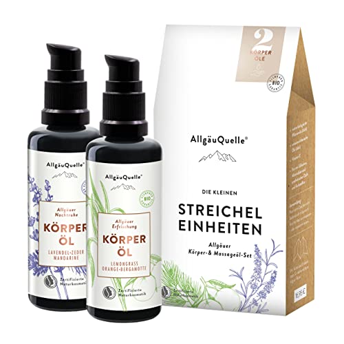 AllgäuQuelle – mini BIO Körperöl Set STREICHEL EINHEITEN | kleines Geschenkset Naturkosmetik | 2 x 50 ml Bio Körperöle für trockene Haut | mit naturreinen ätherischen Ölen | vegan