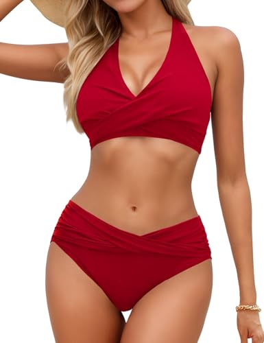 Image of Sopliagon Women's Bikini Sets Twist Front Two Piece Swimsuit Halter Bathing Suit