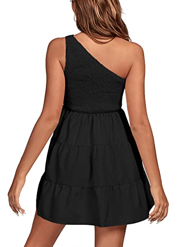 LYANER Women's One Shoulder Smocked Shirred Tiered Ruffle Sleeveless A-Line Mini Dress2