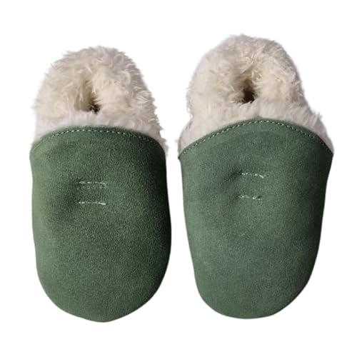 Dotty Fish Zapatillas de Casa de Ante para Bebés y Niños – Barefoot, Forro Polar, Antideslizantes, Ligeras, Flexibles y Cálidas, Pantuflas de Invierno para Niños y Niñas – Verde Caqui 6-12 Meses
