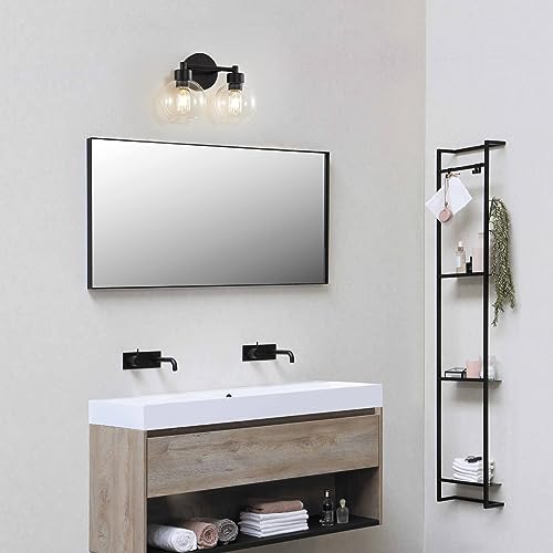 Image of Black Bathroom Light Fixtures, 2 Lights Bathroom Vanity Light with Clear Globe Glass Shades, Wall Sconce Lamp for Mirror, Bedroom, Living Room, Kitchen