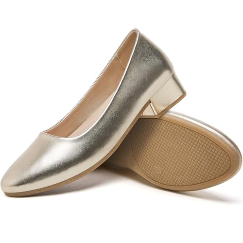 Jeekopeg Low Chunky Pumps Women's Round Toe Heels PU Leather Chunky Pump Shoes Classic Closed Toe Pumps Low Heel Dress Shoes for Women(Gold,US9)