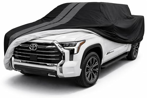Image of SR1 Performance USA Ultraguard Truck Cover for 2004-2026 Tundra & Titan Crew Cab - Custom Fit, 300D Water Resistant, UV Protection, Soft Lined Indoor /Outdoor Pickup Cover (Black with Gray Stripes)
