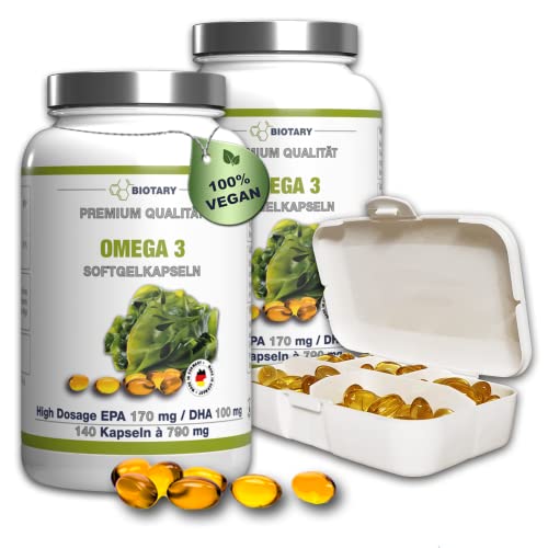 BIOTARY Omega 3 Algenöl 280 Softgel Kapseln, inklusive Pillenbox, hochdosiert, laborgeprüft, Mit EPA + DHA + Vitamin E, hochdosiert, hohe Bioverfügbarkeit, Premiumqualität Cover