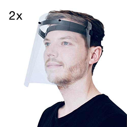 Preisvergleich Produktbild 2X PATRONUS PROTECTION CE-zertifizierter Gesichtsschutz und Augenschutz (face Shield) / Spuckschutz-Schirm inkl. je 2X hochwertiges Visier (transparent, klar und beschlagarm)