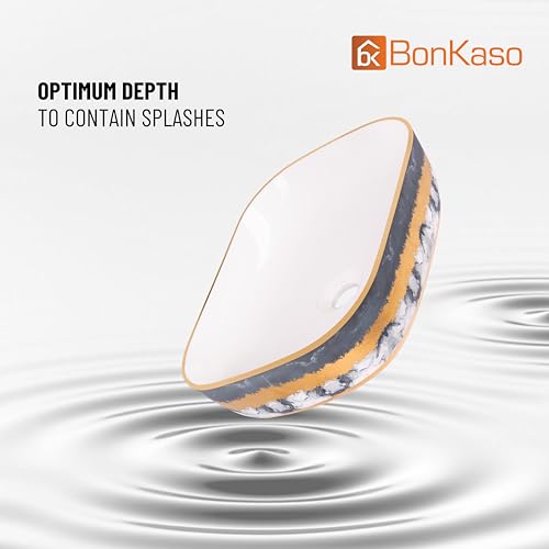 Image of Bonkaso Designer Ceramic Table Top Wash Basin | Grey White with Golden Texture Rectangular Countertop Vanity Sink | 45 x 32.5 x 13.5 cm Premium Glossy Bathroom Basin - P1023