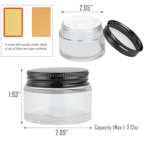 24 Pack 2oz Clear Glass Jars Small Glass Containers with Black Metal Lids Empty Cosmetic Jars with Inner Liners and Lids Clear Glass Lotion Jars with Labels for Traveling2