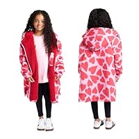 OHS Kids Dry Robe, Oversized Waterproof Changing Robe Lightweight Fleece Lining Girls Rain Coat with Hood & Pockets Breathable Waterproof Coat for Beach Surfing Outdoor, Pink/Red - Hearts, S/M