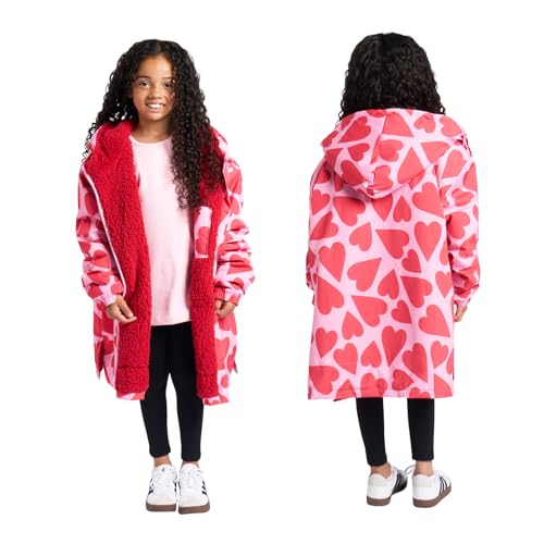 OHS Kids Dry Robe Oversized Waterproof Changing Robe Lightweight Fleece Lining Girls Rain Coat with Hood & Pockets Breathable Waterproof Coat for Beach Surfing Outdoor Pink/Red - Hearts S/M