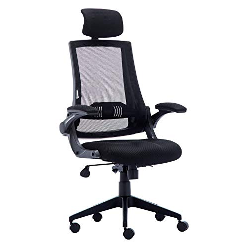 KADIRYA High Back Ergonomic Mesh Office Chair with Mesh Seat - Adjustable 90-110 Degree Tilt Lock, Flip-up Armrest, Lumbar Support and Headrest Computer Desk Task Chair, Black