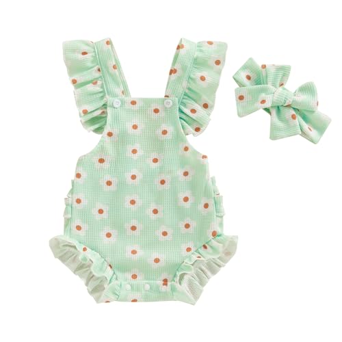 Image of Covvoliy Infant Baby Girl Summer Clothes Outfits Cute Print Fly Sleeve Romper Jumpsuit Bodysuit with Headband