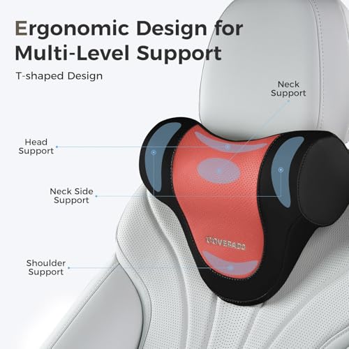 Image of Coverado Car Headrest Pillow, Ergonomic Memory Foam Car Neck Pillow for Driving Seat with Adjustable Strap, Soft PU Leather Breathable Removable Cover Neck Support for Neck Pain Relief, BlackRed