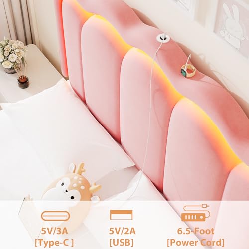 King Upholstered LED Bed Frame with 2 Storage Drawers and Adjustable Chic Double Wavy Headboard, Velvet Princess Platform Bed with Charing Station, Solid Wood Slats Support, No Box Spring Needed, Pink