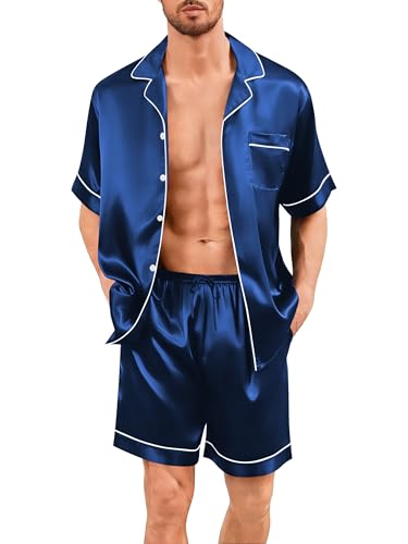 Image of SWOMOG Men Silk Pajama Set Short Sleeve Satin PJs Sets 2 Piece Button Down Sleepwear Soft Summer Loungewear with Pockets