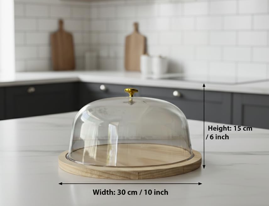 Image of Wooden Cake Display Plate - Single Stand for Showcasing Cakes and Cupcakes | Clear Acrylic Dome Lid, Cake Display Server Tray for Kitchen, Round Cake Cutting Holder