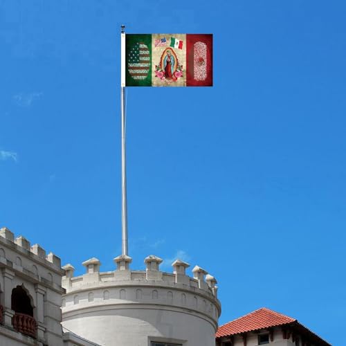 Image of Mexican American Flag with Virgin of Guadalupe, Mexico USA Flag 3x5 Ft, Polyester, Indoor Outdoor Banner
