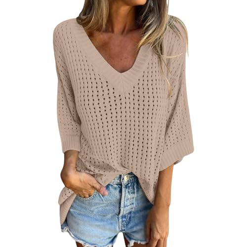 Women Tops Casual Long Sleeve V Neck Shirts Breathable Hollow Knit Pullover Sweaters Fashion Loose Shirts for Work Beige