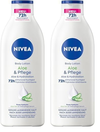 NIVEA Body Lotion Aloe & Pflege, Körpercreme mit Tiefenpflege Serum für 72h Feuchtigkeit, Körperlotion mit purem Hyaluron und Aloe Vera natürlichen Ursprungs(400 ml) (Packung mit 2)