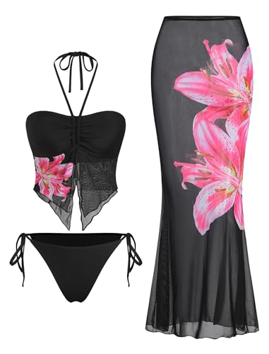 Image of ZAFUL Women 3 Piece Bikini with Cover Up Skirt Halter Bandeau Swimsuit Floral Tie Side Cheeky Bathing Suit