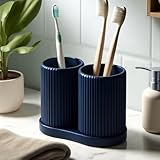 Ribbed Double Toothbrush Holder Set (Matt Dark Blue)