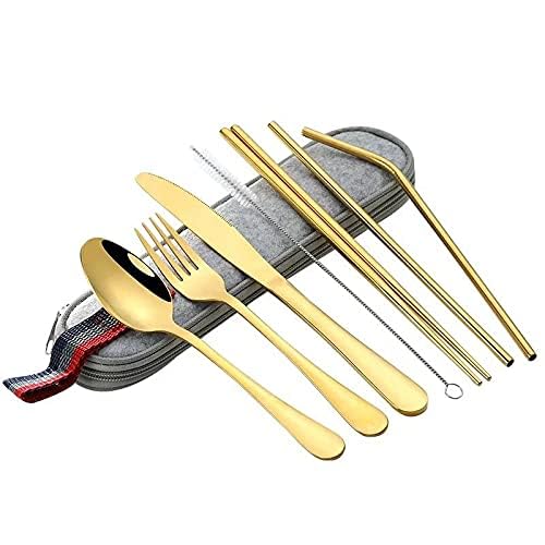 Portable Utensils Flatware Set, Travel Camping Cutlery Set, 8-Piece Including Knife Fork Spoon Chopsticks Cleaning Brush Straws Portable Pouch, 304 Stainless Steel (Golden)